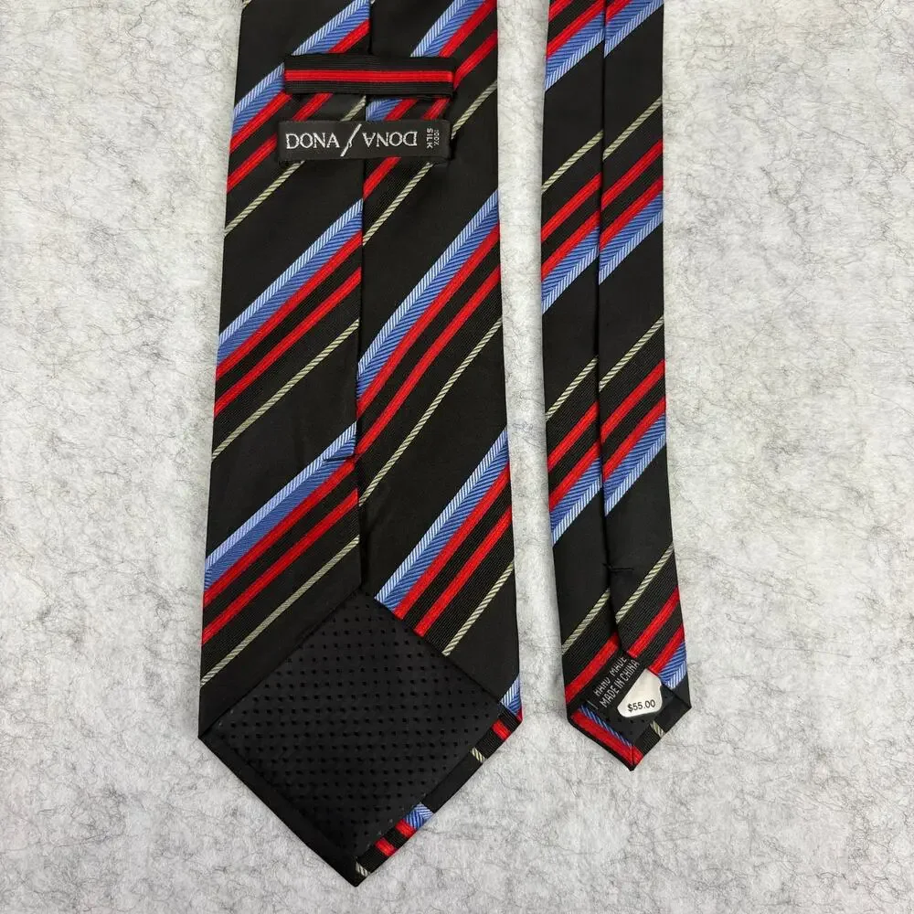 Dona Black Silk Striped Men's Tie Hand Made Diagonal Red Blue Gold NWT 58